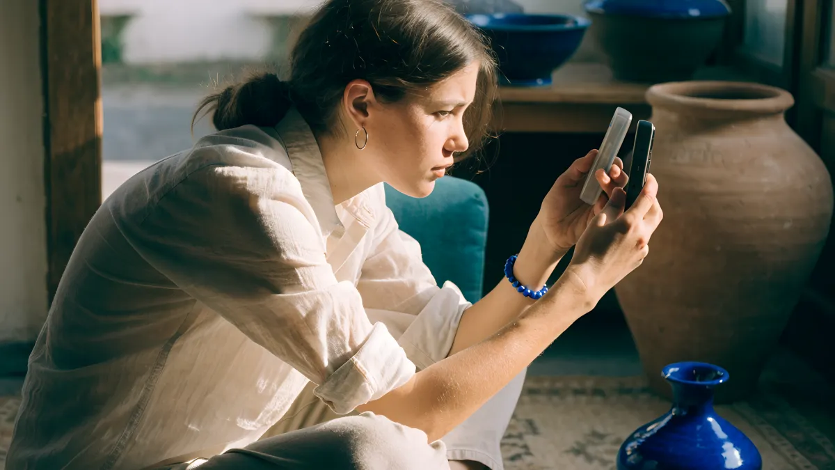 A South African woman comparing two phones side by side